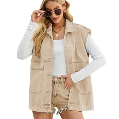 TIOZONEY - Chaqueta Jeans sin mangas Mujer - Beige