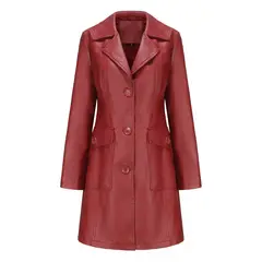 TIOZONEY - Abrigo de cuero PU largo para mujer - Rojo