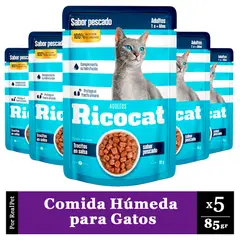 RICOCAT - Pack x5 Comida Húmeda de Gato Trocitos Pescado 85gr