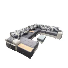 AMOBLART - SECCIONAL EUROPEO BEIG / PLOMO 12 PIEZAS + 4 COJINES + MESA DE CENTRO