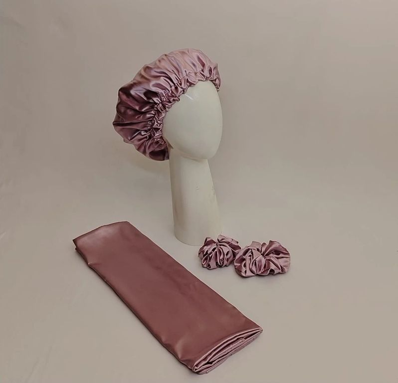 Gorro para dormir de satén malva mas funda de almohada