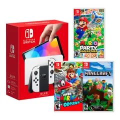 Nintendo - Consola Switch Oled Blanco+Mario Superstar + Mario Odyssey + Minecraft