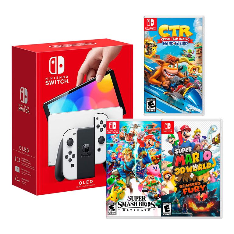 Consola Switch Oled Blanco + CTR +Smash bros + Mario 3D World