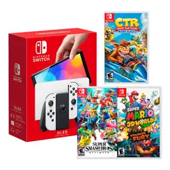 NINTENDO - Consola Switch Oled Blanco + CTR +Smash bros + Mario 3D World