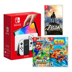 Nintendo - Consola Switch Oled Blanco + Zelda Breath + CTR + Mario Superstar