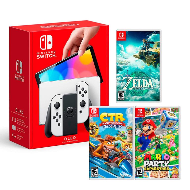 Consola Switch Oled Blanco + Zelda Tears + CTR + Mario Superstar