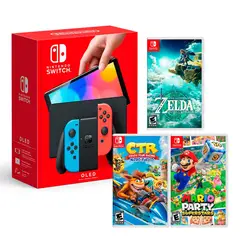NINTENDO - Consola Switch Oled Neon+ Zelda Tears+ CTR + Mario Superstar