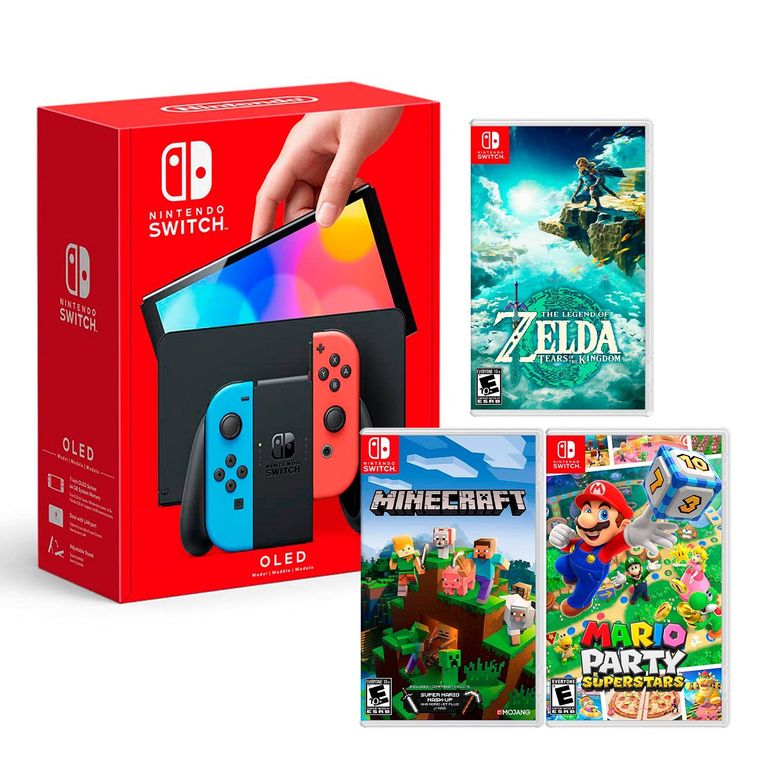Consola Switch Oled Neon + Zelda Tears + Minecraft+ Mario Superstar