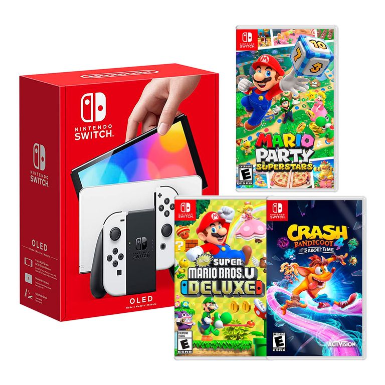 Consola Switch Oled Blanco + Mario Superstar + Mario Bros + Crash