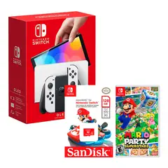 NINTENDO - Consola Switch Oled Blanco + Mario Superstar + Micro SD 128 GB Mario