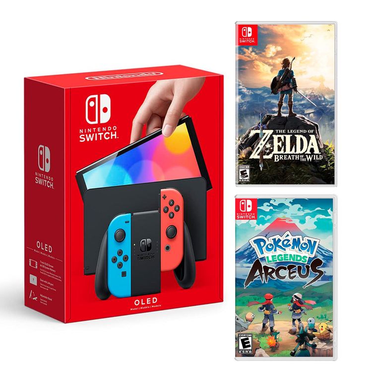 Consola Switch Oled Neon + Zelda Breath + Pokémon Arceus
