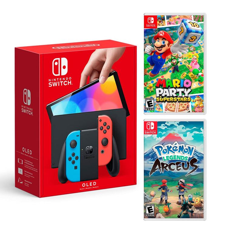 Consola Switch Oled Neon + Mario Superstar + Pokémon Arceus