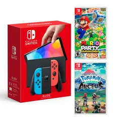 Nintendo - Consola Switch Oled Neon + Mario Superstar + Pokémon Arceus