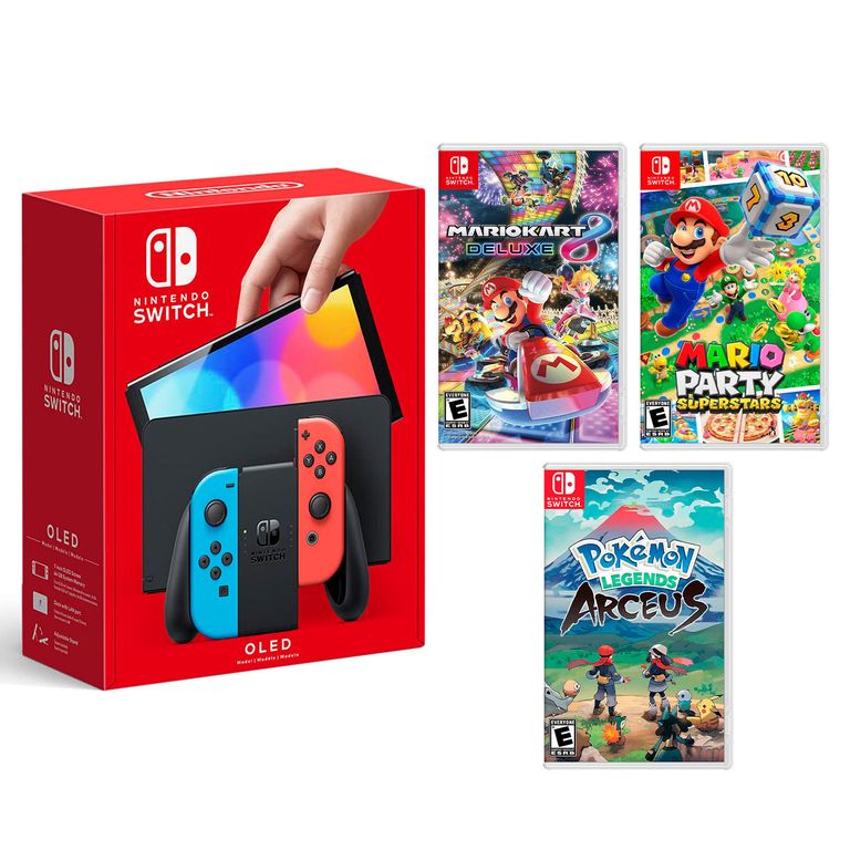 Switch Oled Neon + Mario Kart 8 + Mario Superstar + Pokémon Arceus