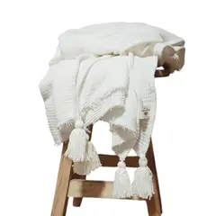 GENERICO - Manta - Pie de cama 200x120 en Tejido Waffle + borlas - colo blanco