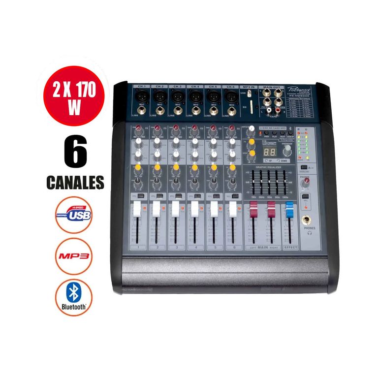 Consola Amplificada 6 canales 2x170W USB/MP3/BT PZ-MP6000 POTTENZA