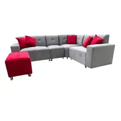 AMOBLART - SECCIONAL LEYVA PLATA CON BANQUETA ROJO + 6 COJINES