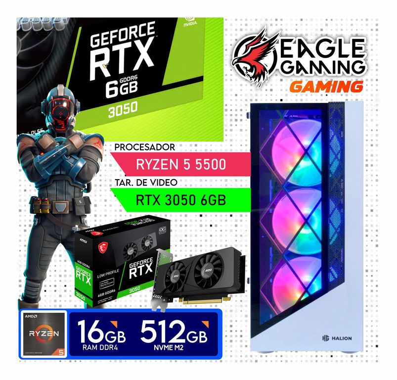 Computadora PC GAMER Ryzen 5 5500 + RAM 16GB + SSD 500GB + VIDEO RTX 3050 6GB