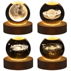 GENERICO - Lámpara de Noche - Bola de Cristal 3D con Base de Madera