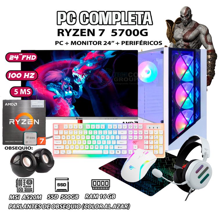 Computadora PC GAMER DRAGON Ryzen 7 5700G RAM 16GB SSD 500GB MONITOR 24" FHD