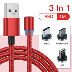 GENERICO - CABLE IMANTADO MAGNÉTICO 3 EN 1. ANDROID TIPO C Y LIGHTNING- ROJO