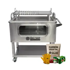 THE GRILL SHOP - Caja China Grande Inoxidable Visor + Guantes + Carbón + Cerveza