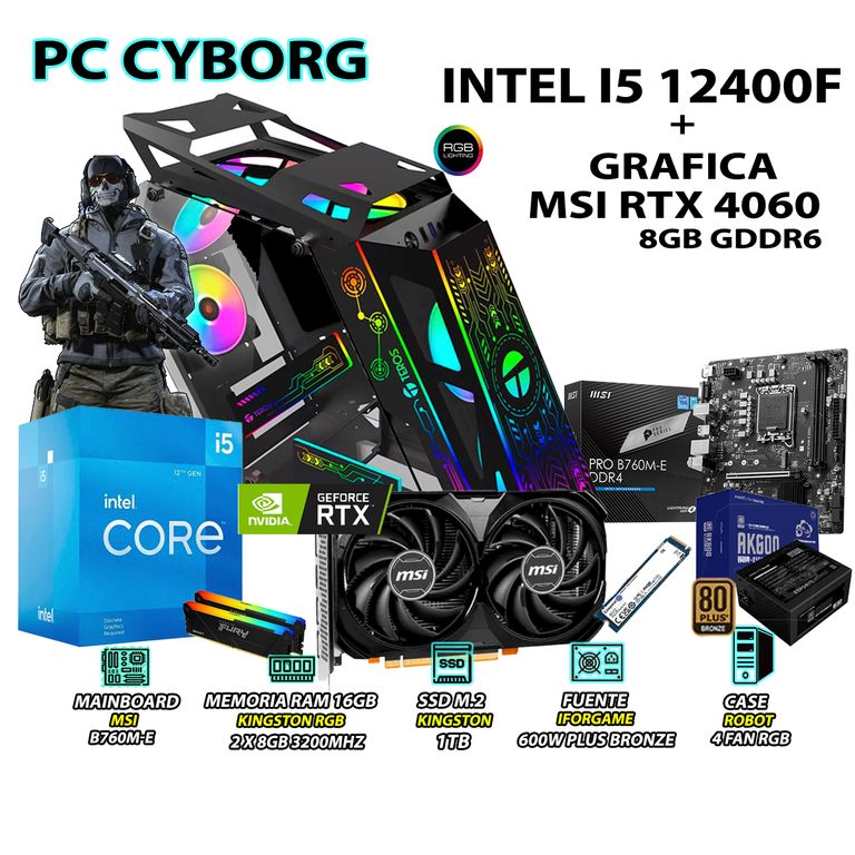 Computadora PC Gamer Core i5 12400F RAM 16GB SSD 1TB RTX 4060 8GB