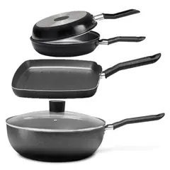BRINOX - Juego de Doble Sarten + Grill + Wok 4 Piezas Ebony