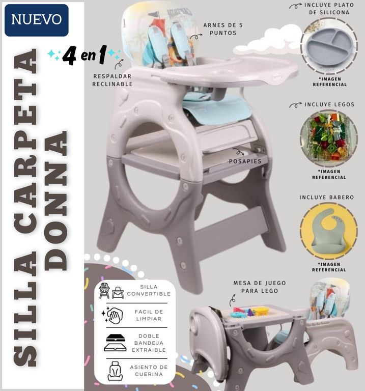 SILLA DE COMER PARA BEBE CARPETA 4 EN 1 DONNA - PLOMO