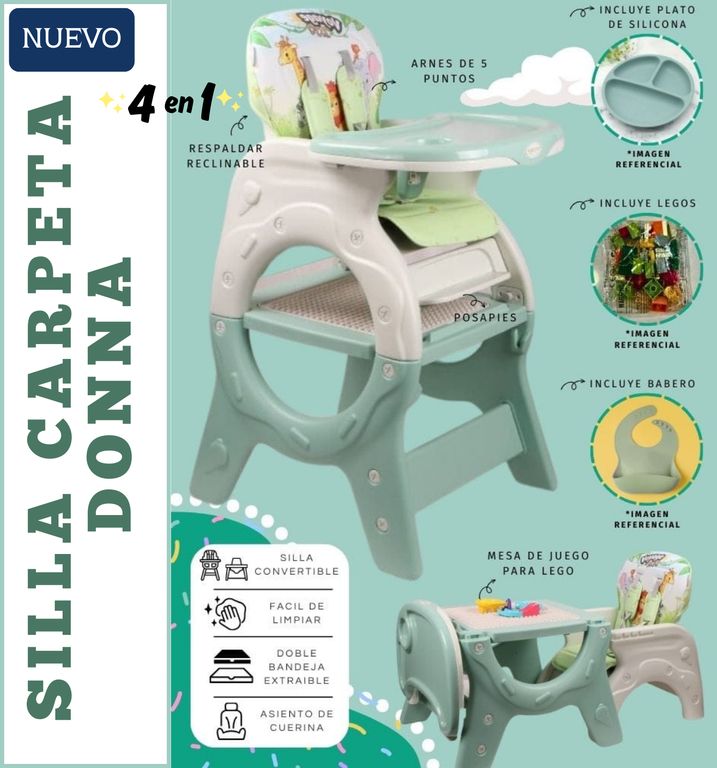 SILLA CARPETA DONNA VERDE con platito legos y babero