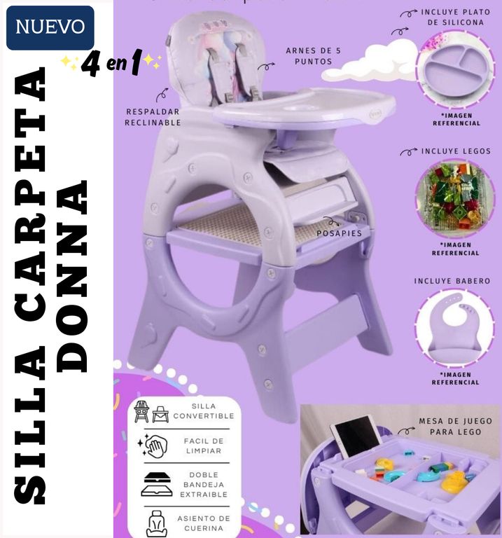 SILLA DE COMER CARPETA DONNA LILA- platito legos y babero