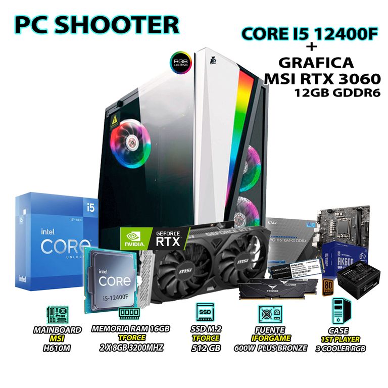 Computadora Gamer Shooter Core i5 12400F RAM 16GB SSD 500GB RTX 5060 8GB