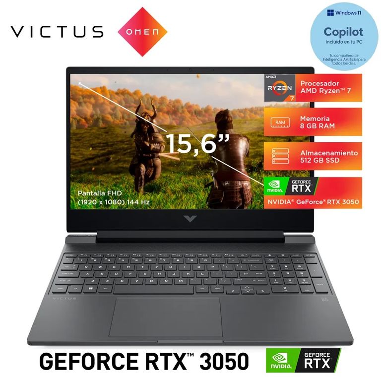 Laptop 15-fb0126la R7 5800H 8gb 512gb SSD 4g video RTX3050 15.6 Fhd Window 11 Negro