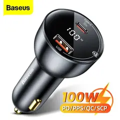 BASEUS - Cargador de Auto Carga Rápida 100 W QC Dual USB Tipo C