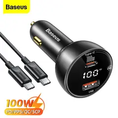 BASEUS - Cargador de Auto Carga Rápida 100 W QC Dual USB Tipo C + Cable 1M