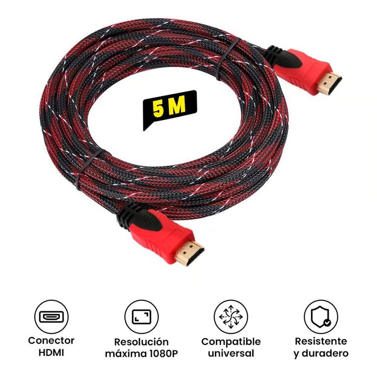 CABLE HDMI CON FILTROS 5METROS ENMALLADO NEGRO CON ROJO FULL1080P