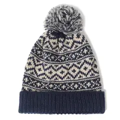 KAST PE - Gorro Beanie Bawei Azul Crema de Lana Suave con Pompon