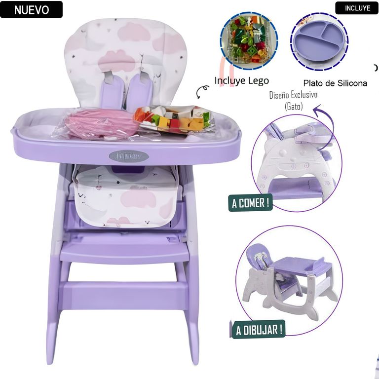 Silla Carpeta Gato 3 en 1 Lila con Plato y Lego