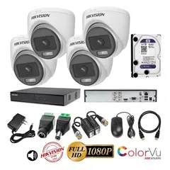 HIKVISION - Kit 4 Cámaras Seguridad Domo FULLHD Color VU con AUDIO + 1TB