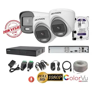 HIKVISION - Kit 3 Cámaras Seguridad FULLHD Color VU con AUDIO + 1TB + Cable
