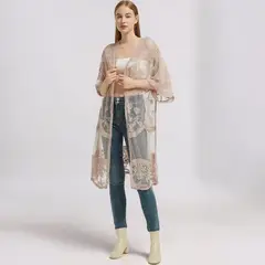 GENERICO - Kimono Abierta Tull Con Diseño Manga 3 Cuartos Color Beige