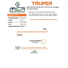 TRUPER - Barreta hexagonal de punta de 1"x175 cm escoplo 72 mm