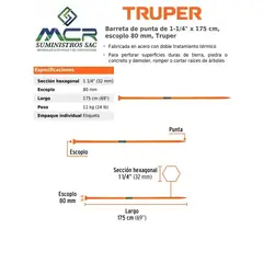 TRUPER - Barreta hexagonal de punta de 1 1/4"x175 cm escoplo 80 mm
