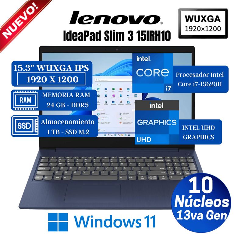 Laptop IdeaPad Slim 3 15IRH10 15.3" WUXGA IPS, Core i7-13620H, Ram 24GB, Ssd 1 TB, Win 11 Pro