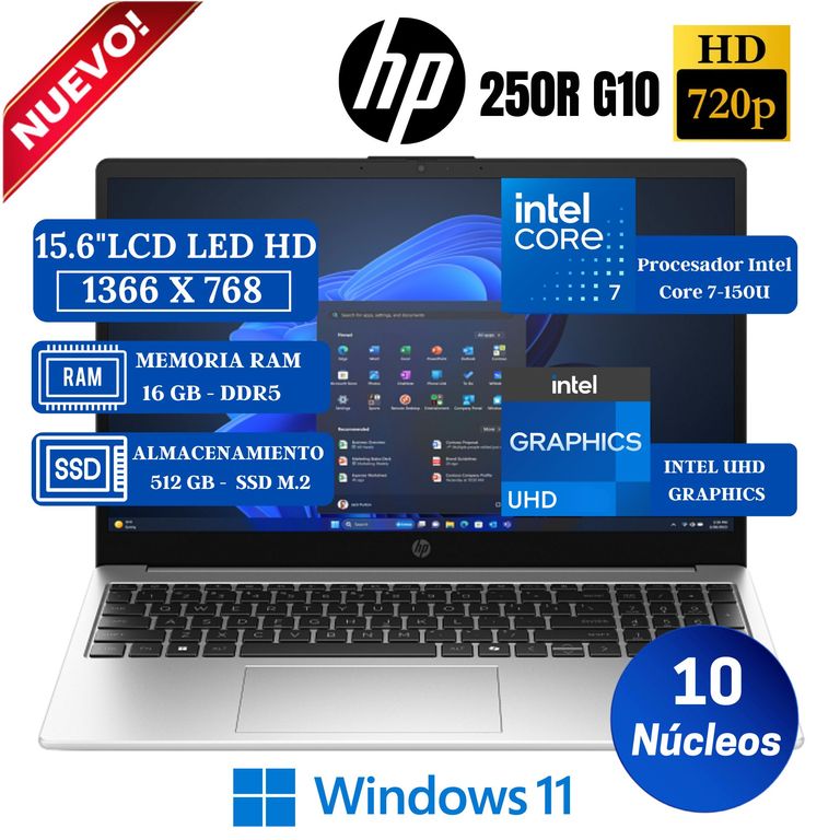 Laptop 250R G10 15.6" LCD LED HD, Intel Core 7-150U, Ram 16GB, SSD 512GB, Win 11
