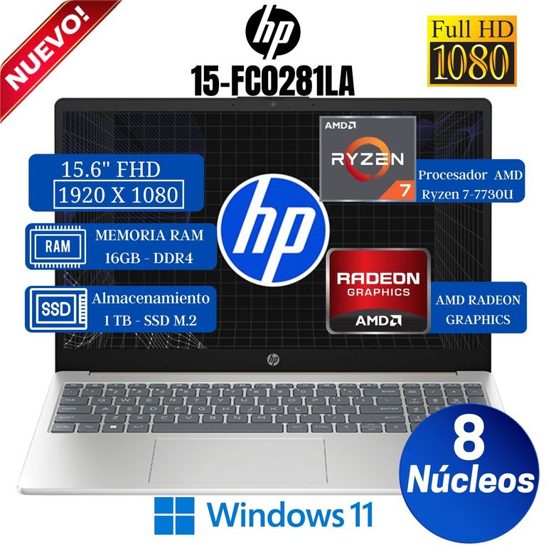 Notebook 15-FC0281LA 15.6" FHD, AMD Ryzen 7-7730U, Ram 16GB, SSD 1 TB, Win 11