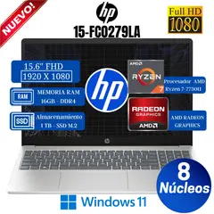 HP - Notebook 15-FC0279LA 15.6" FHD, AMD Ryzen 7-7730U, Ram 16GB, SSD 1 TB, Win 11