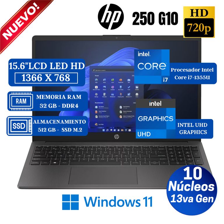Laptop 250 G10 15.6" LCD LED HD, Core i7-1355U, 13va Gen, Ram 32GB, SSD 512GB, Win 11