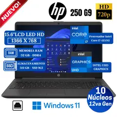 HP - Laptop 250 G9 15.6" LCD LED HD, Core i7-1255U, 12va Gen, Ram 32GB, SSD 512GB, Win 11