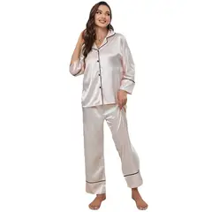 BLWOENS - Pijamas de manga larga y pantalones largos para mujeres - 2 piezas - Beige